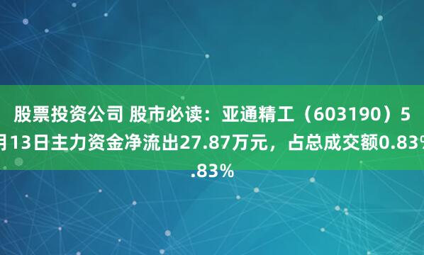 股票投资公司 股市必读：亚通精工（603190）5月13日主力资金净流出27.87万元，占总成交额0.83%